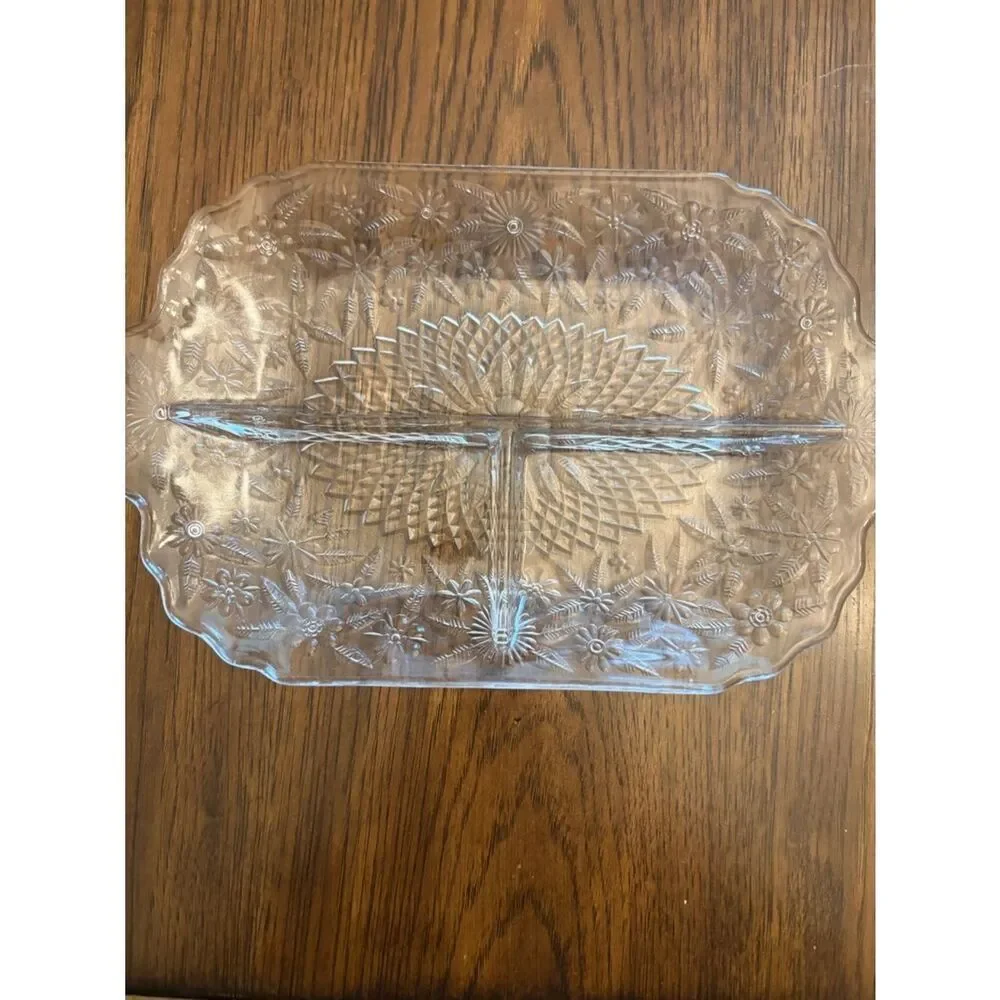Clear Pressed Glass Divided Serving Tray. Vintage. Cottagecore.